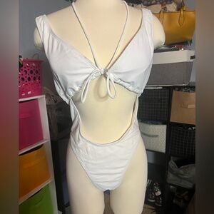 White Textured One-Piece Swimsuit with Plunging V-Neck